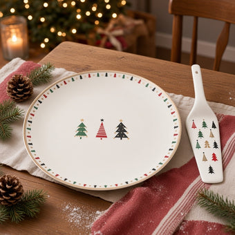 Set platou cu spatulă pentru tort, din porțelan pentru Crăciun, cu brăduți, alb, 26cm