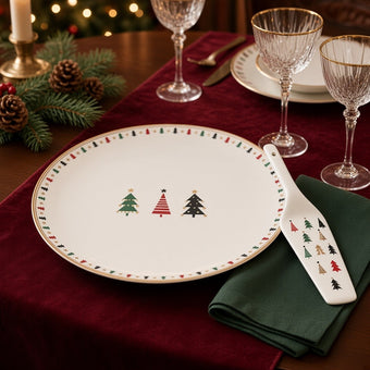 Set platou cu spatulă pentru tort, din porțelan pentru Crăciun, cu brăduți, alb, 26cm