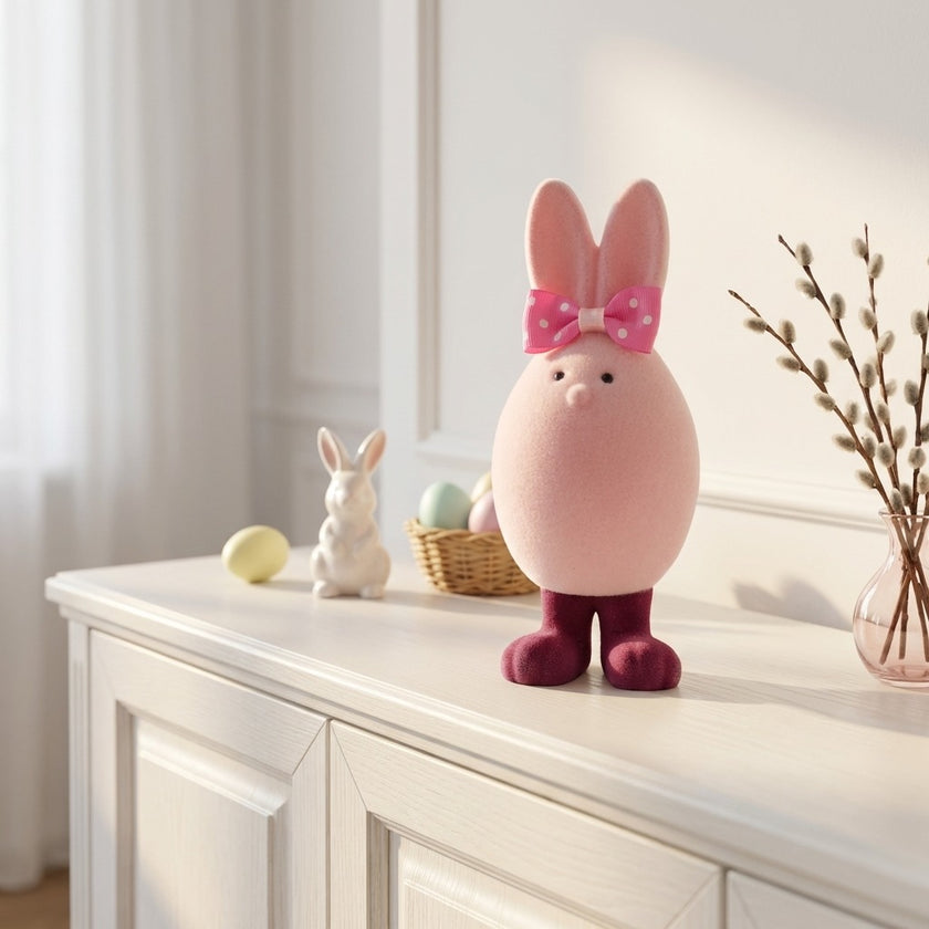 Figurină iepuraș de Paște catifelat roz 20cm