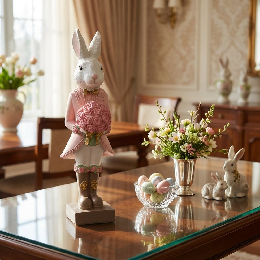 Figurină iepuraș de Paște cu buchet 25cm