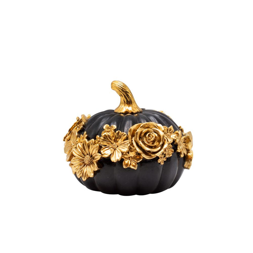 Dovleac decorativ negru cu flori aurii 13cm