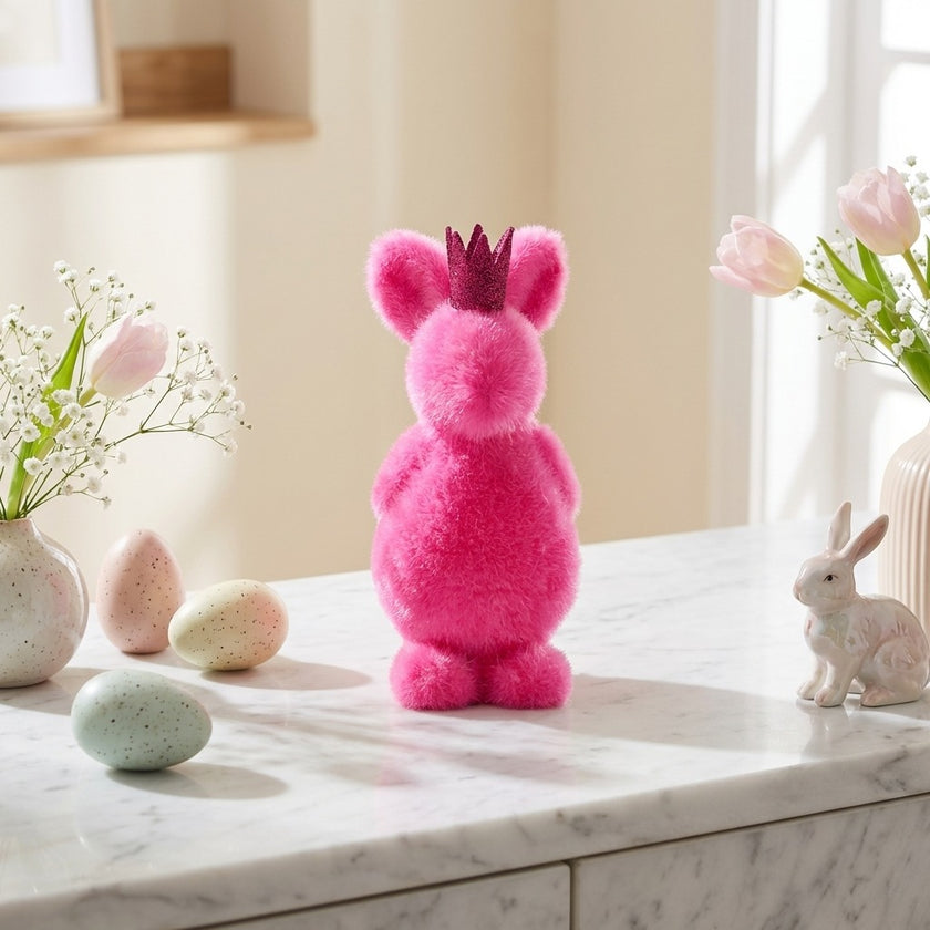 Iepuraș de Paște roz intens catifelat 13cm