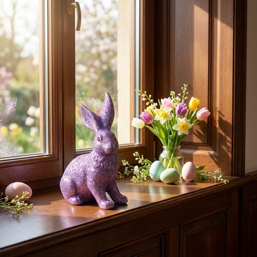 Iepuraș de Paște mov cu sclipici 24cm