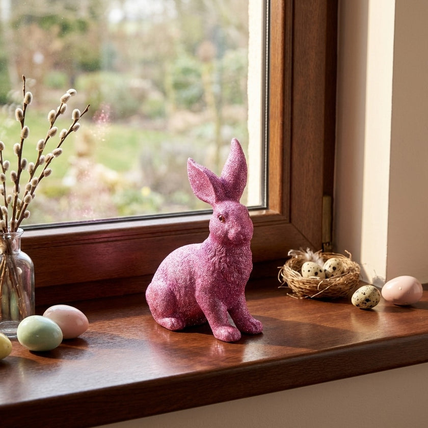 Iepuraș de Paște roz cu sclipici 24cm