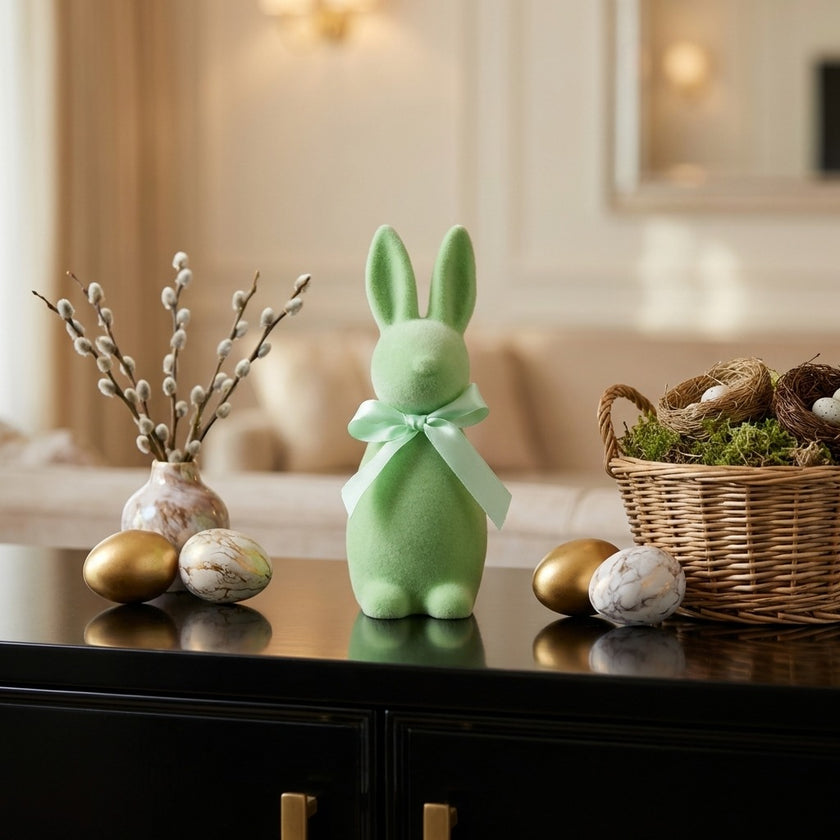 Iepuraș de Paște verde catifelat 15cm