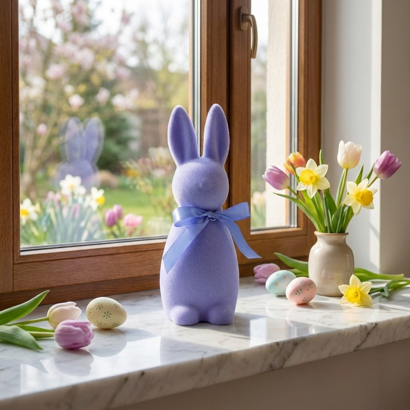 Iepuraș de Paște mov catifelat 15cm