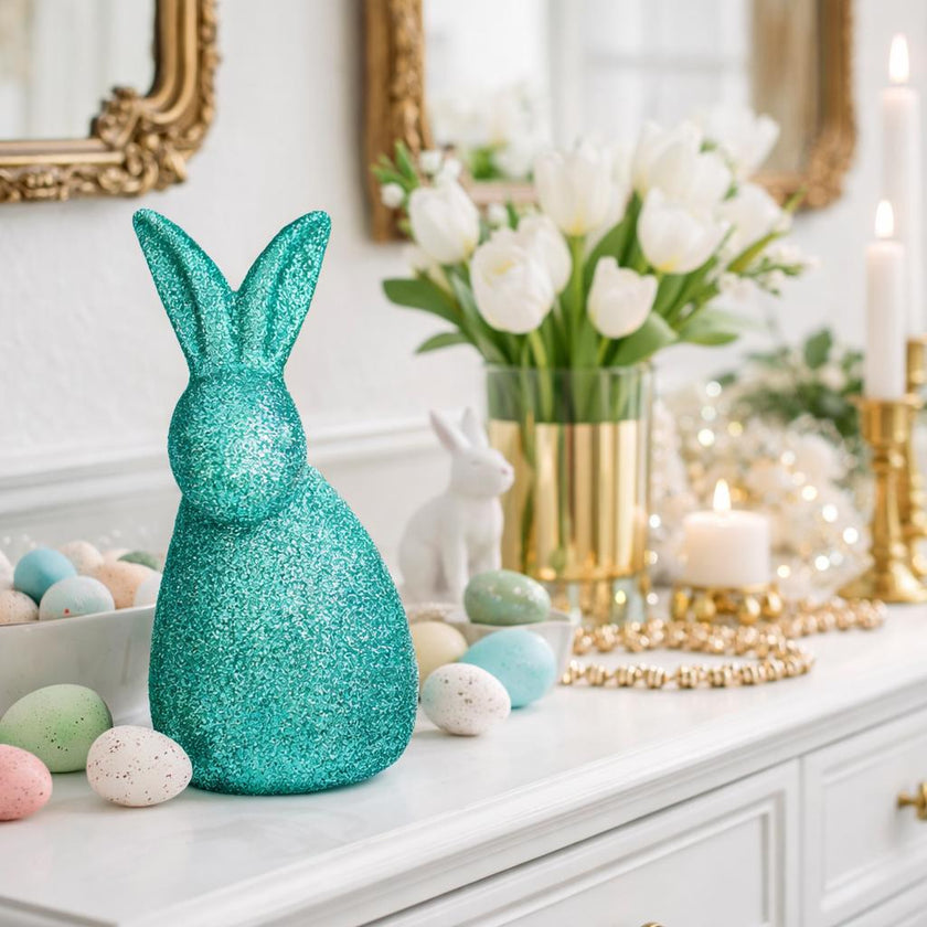 Iepuraș de Paște verde cu sclipici 23cm