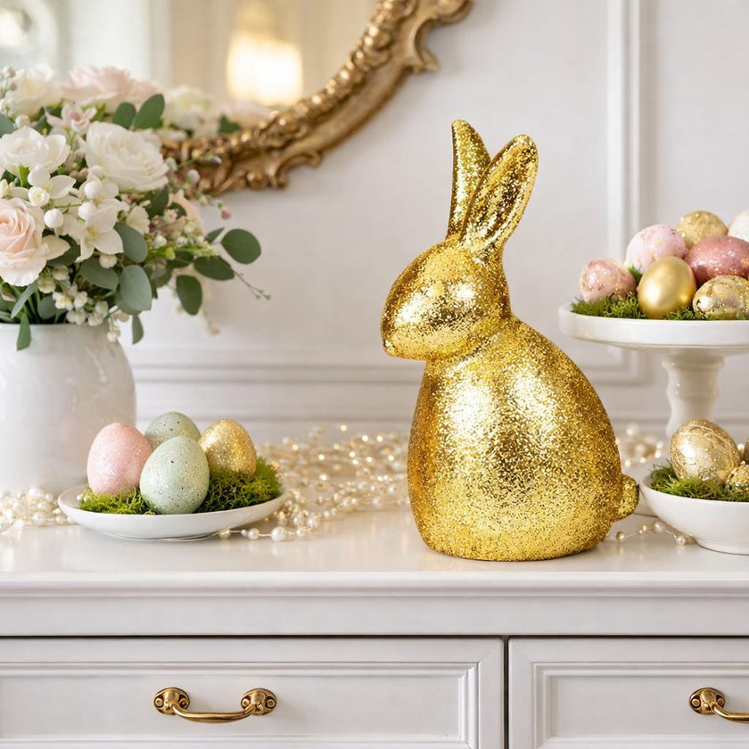 Iepuraș de Paște auriu cu sclipici 23cm