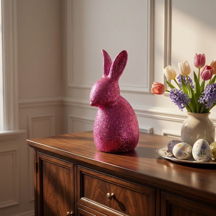 Iepuraș de Paște roz cu sclipici 23cm