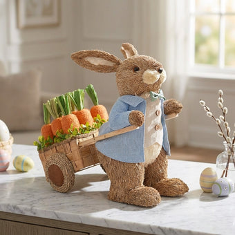 Iepuraș de Paște din paie cu cărucior și morcovi 38cm