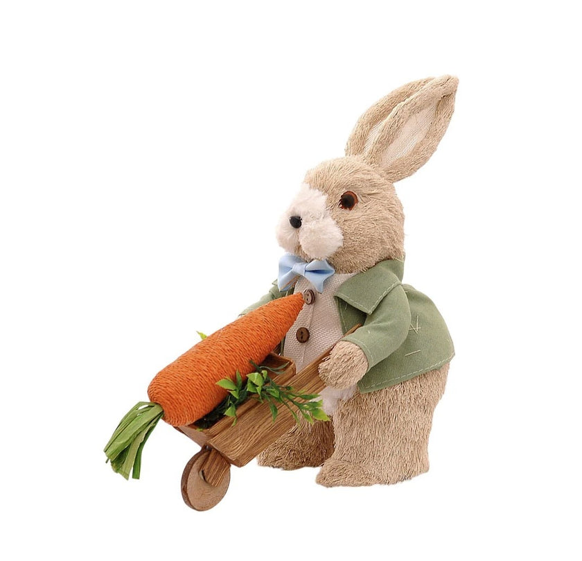 Iepuraș de Paște textil cu roabă și morcov 32cm
