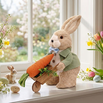 Iepuraș de Paște textil cu roabă și morcov 32cm