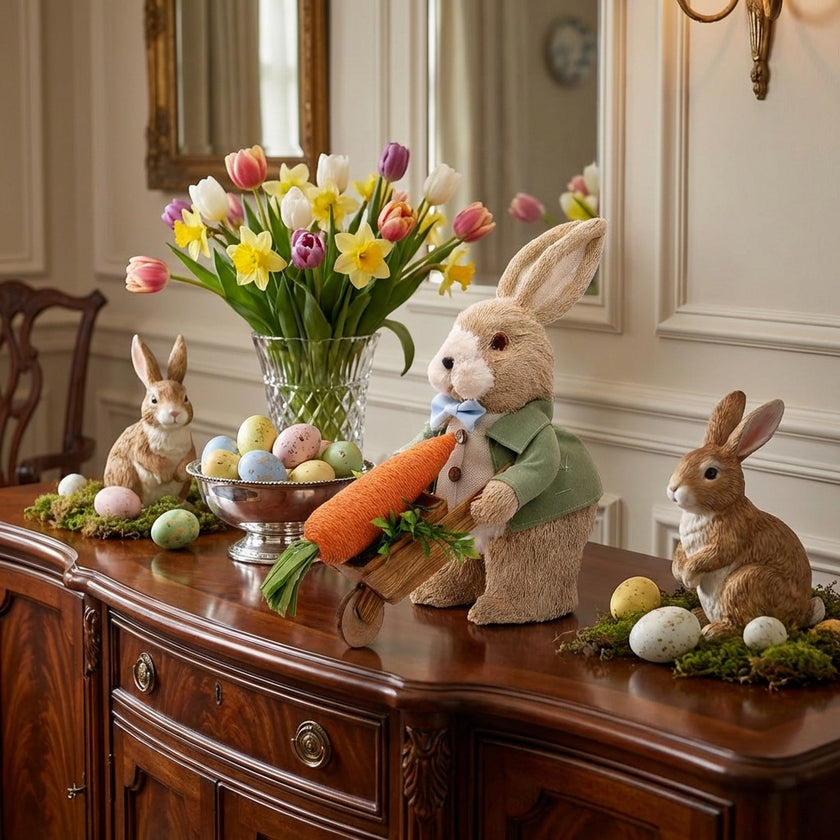 Iepuraș de Paște textil cu roabă și morcov 32cm