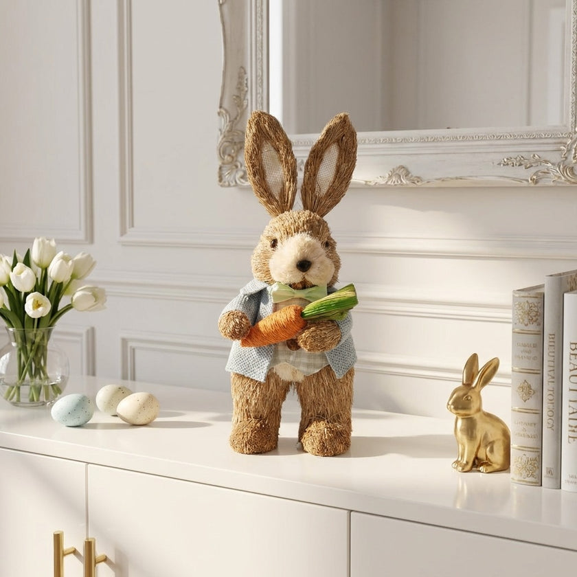 Iepuraș de Paște din paie cu sacou și morcov 27cm