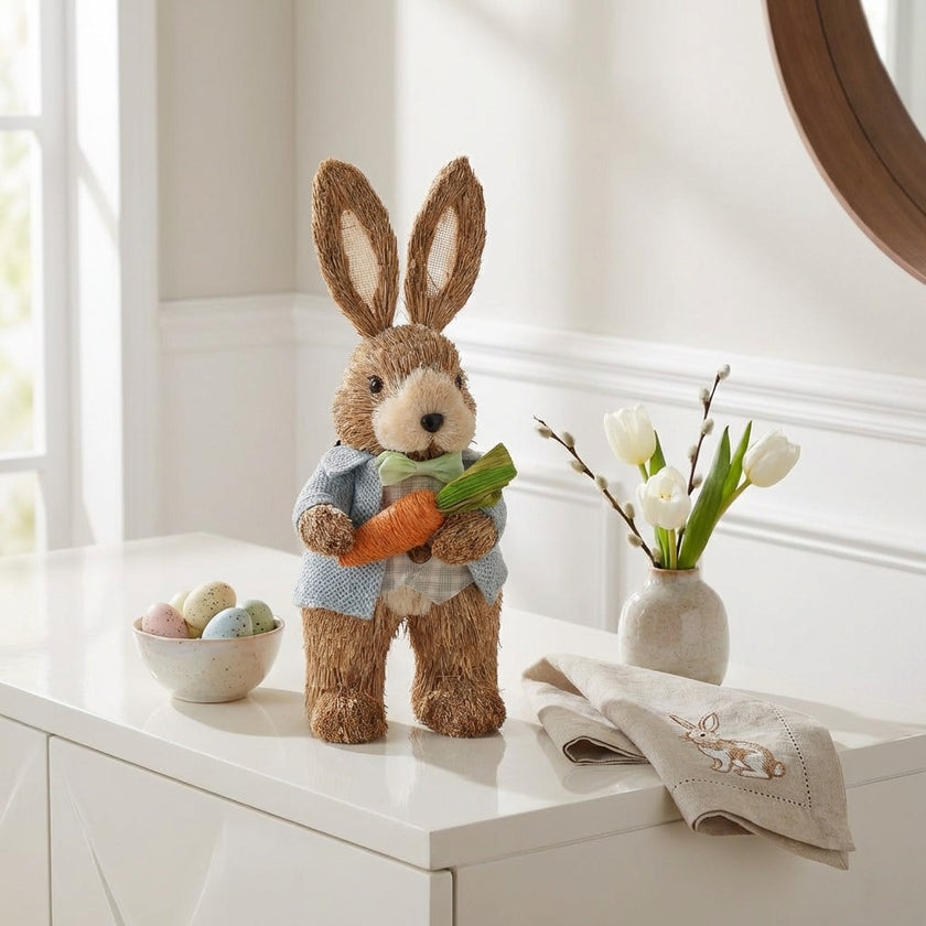 Iepuraș de Paște din paie cu sacou și morcov 27cm