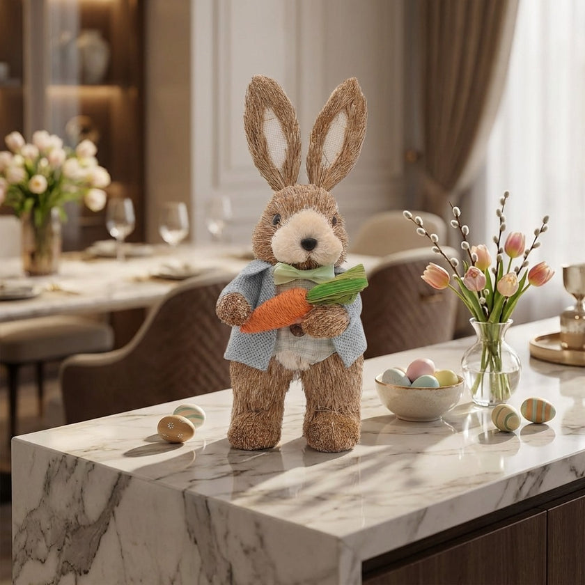 Iepuraș de Paște din paie cu sacou și morcov 27cm