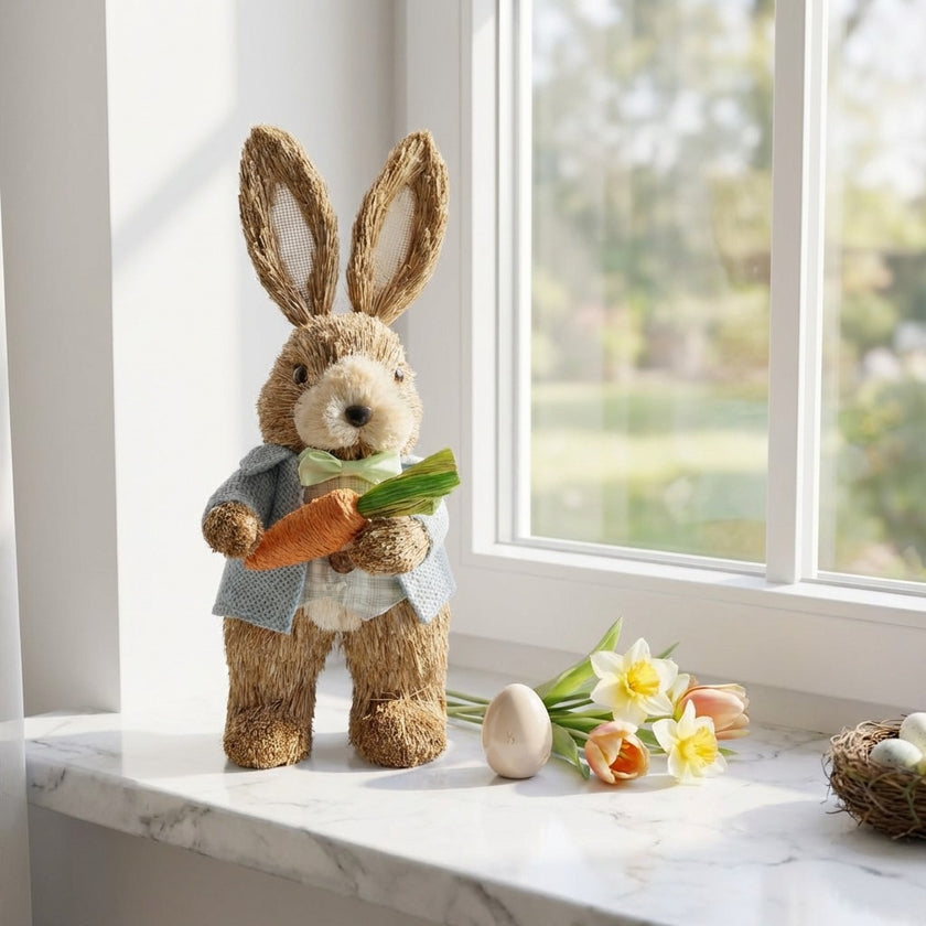 Iepuraș de Paște din paie cu sacou și morcov 27cm