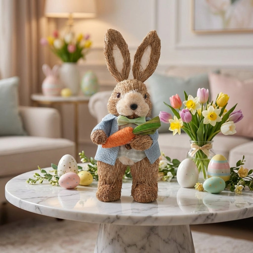 Iepuraș de Paște din paie cu sacou și morcov 27cm