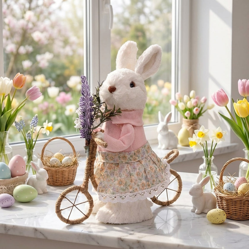 Iepuraș de Paște textil pe bicicletă 30cm