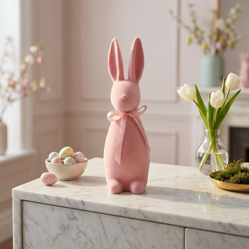 Iepuraș de Paște roz catifelat 30cm