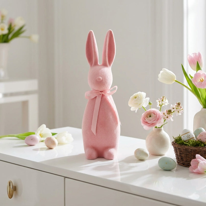 Iepuraș de Paște roz catifelat 30cm