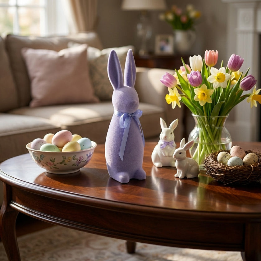 Iepuraș de Paște mov catifelat 30cm