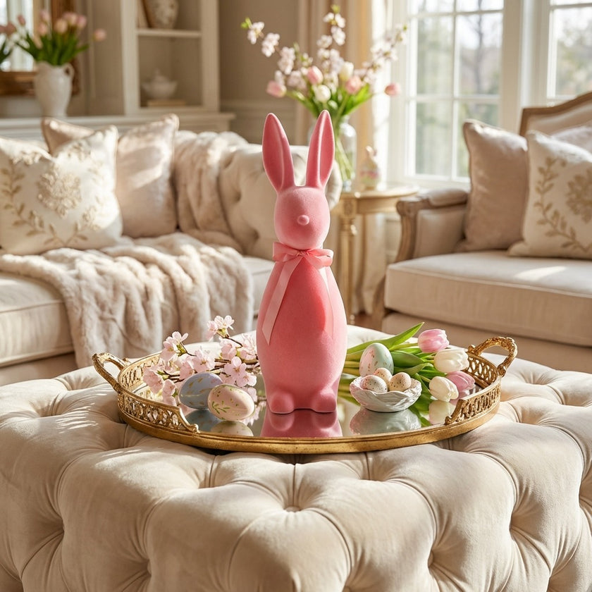 Iepuraș de Paște roz intens catifelat 48cm