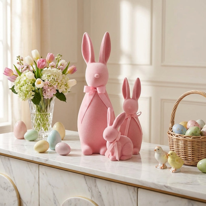 Iepuraș de Paște roz catifelat 19cm