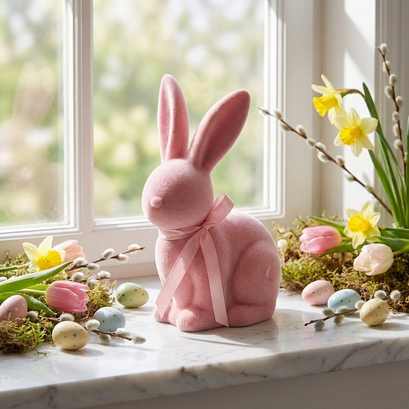 Iepuraș de Paște roz catifelat 19cm