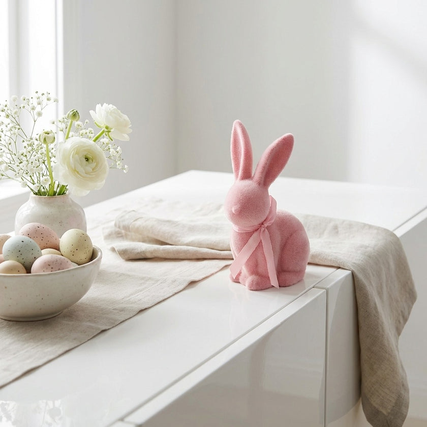 Iepuraș de Paște roz catifelat 19cm