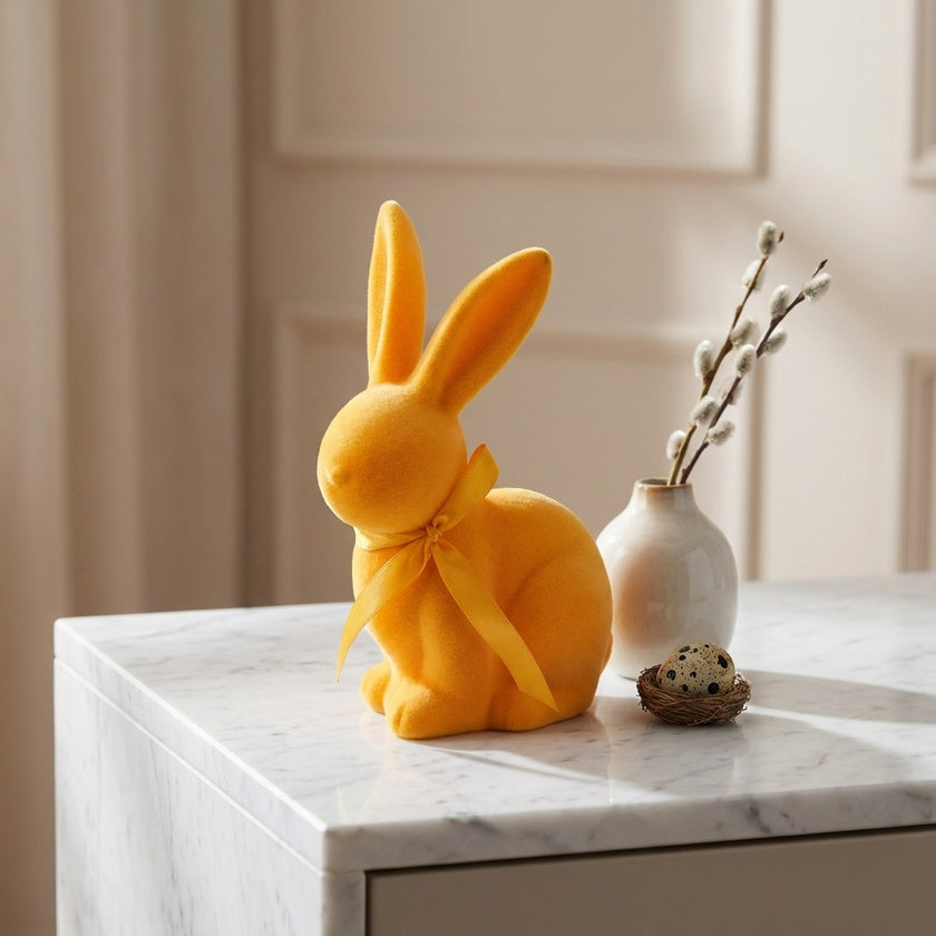 Iepuraș de Paște galben catifelat 19cm