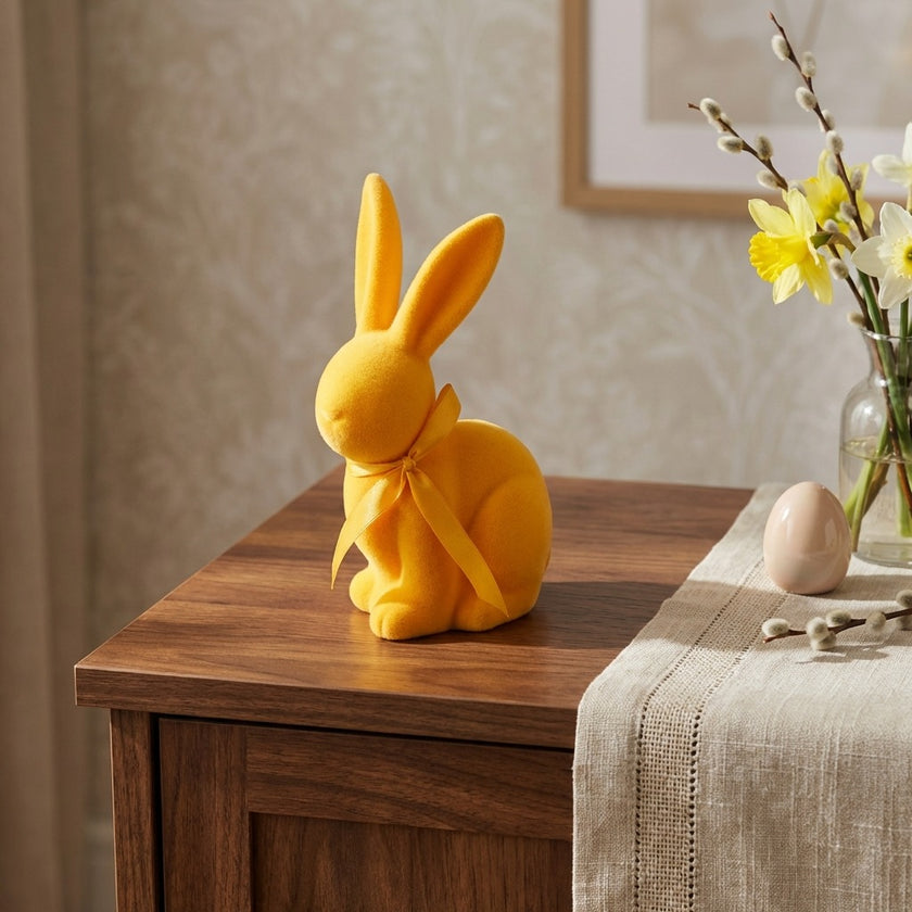 Iepuraș de Paște galben catifelat 19cm