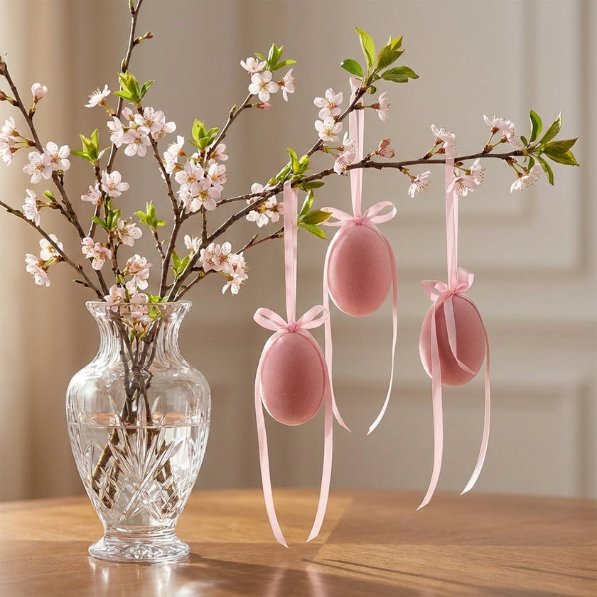 Ou decorativ de Paște roz catifelat 12cm