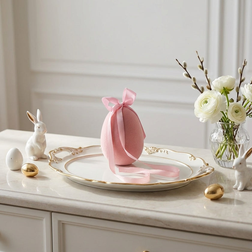Ou decorativ de Paște roz catifelat 12cm