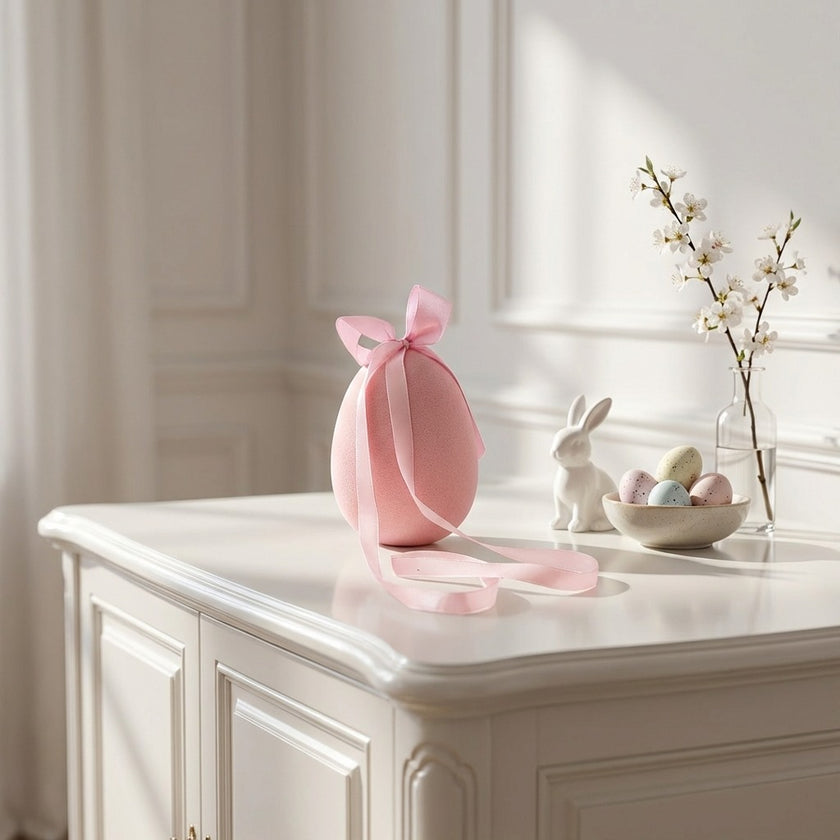 Ou decorativ de Paște roz catifelat 12cm