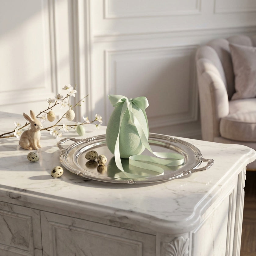 Ou decorativ de Paște verde catifelat 12cm