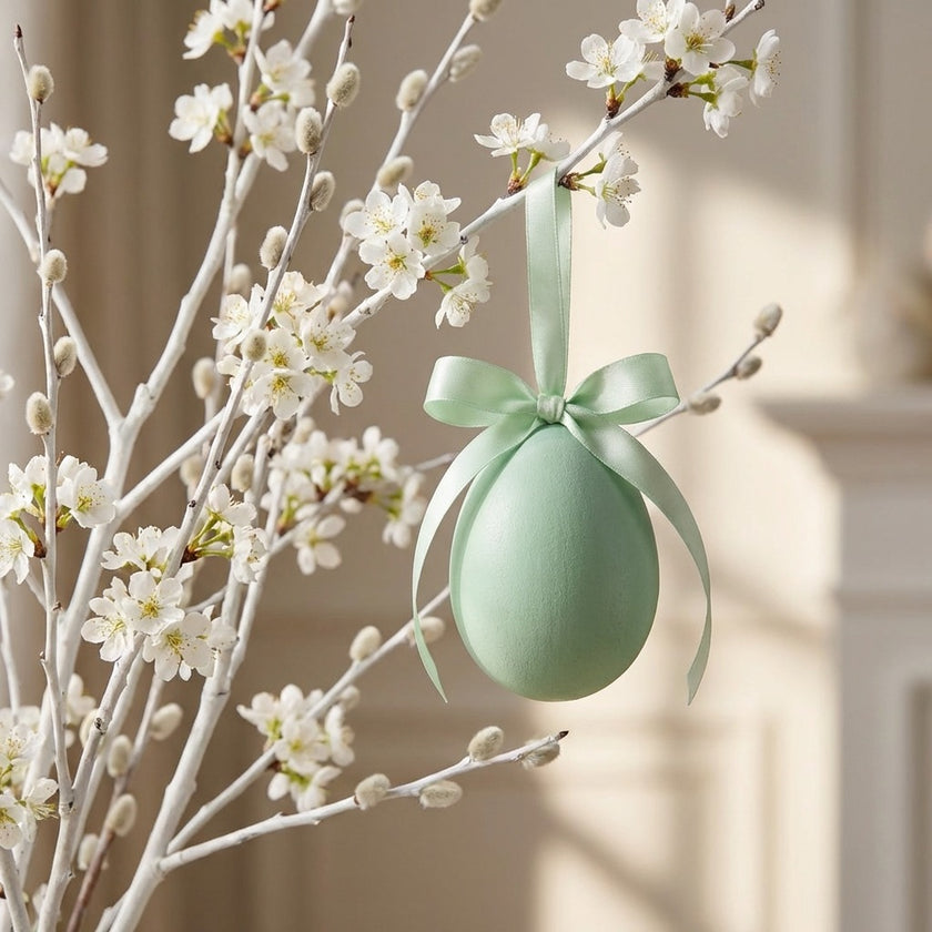 Ou decorativ de Paște verde catifelat 12cm