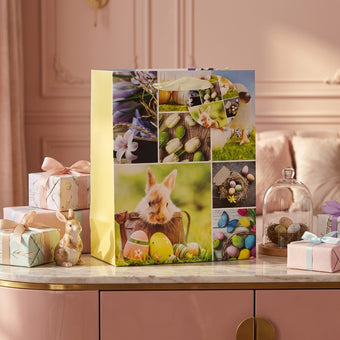 Pungă cadou Paște galbenă cu iepuraș 23cm