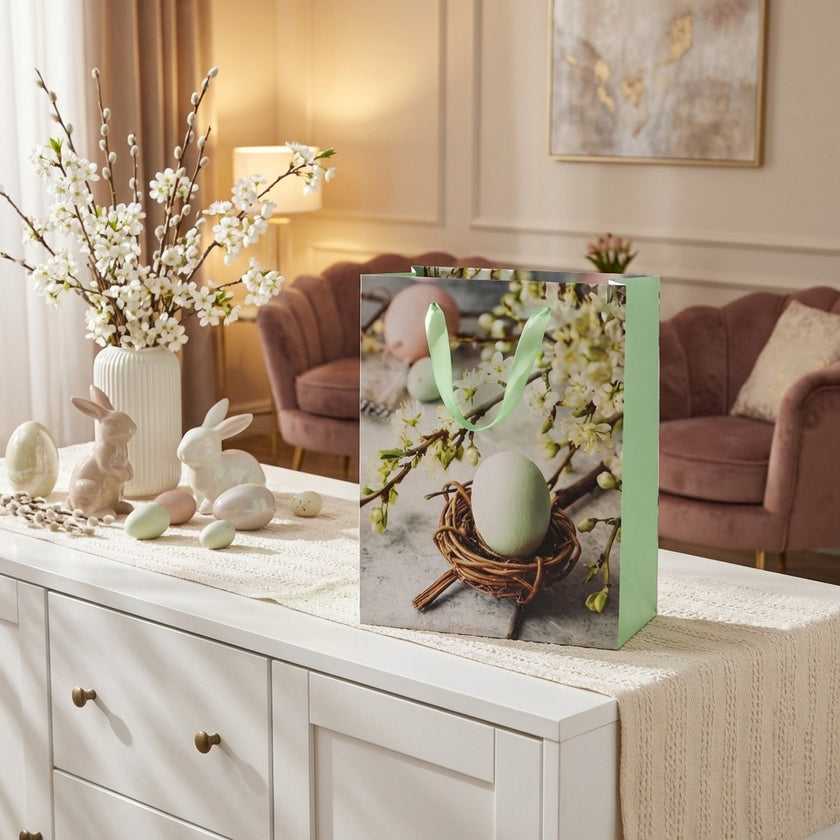 Pungă cadou Paște verde cu ouă 23cm