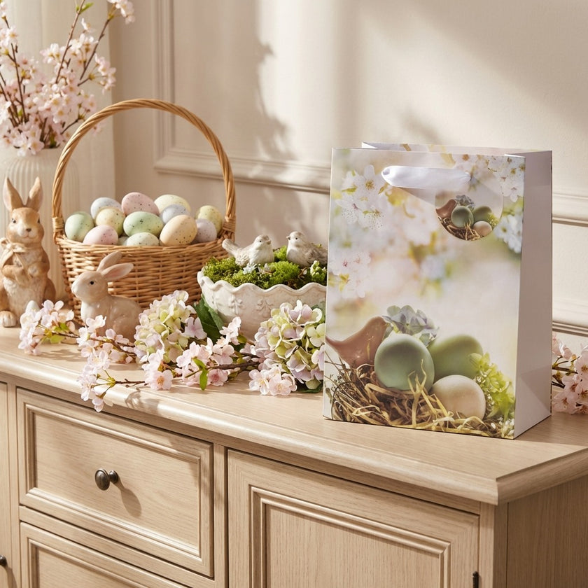 Pungă cadou Paște albă cu ouă 23cm