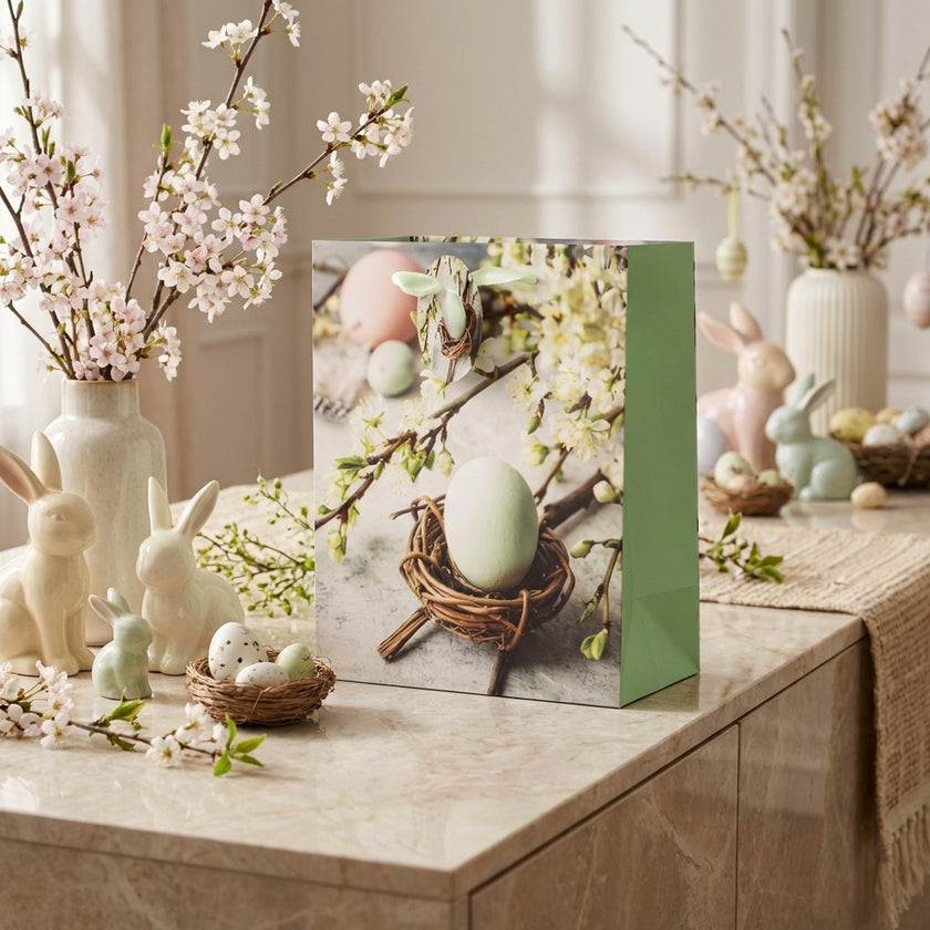 Pungă cadou Paște verde cu ouă 23cm