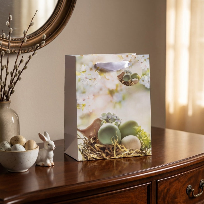 Pungă cadou Paște albă cu ouă 23cm