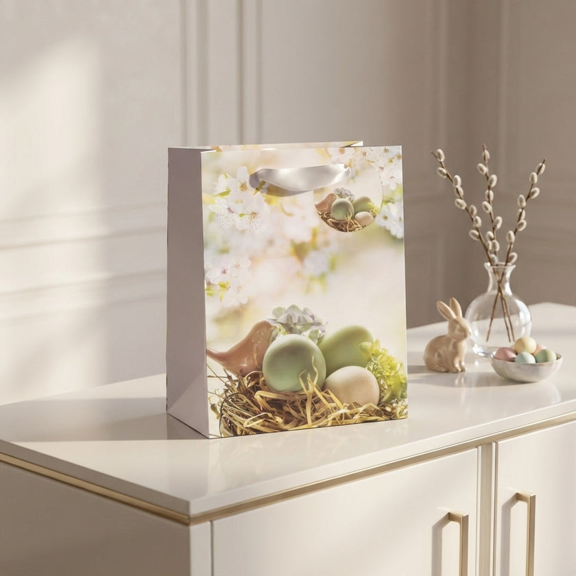 Pungă cadou Paște albă cu ouă 23cm