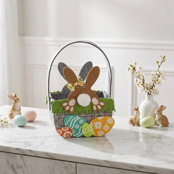 Coșuleț de Paște din pâslă cu iepuraș maro 17cm