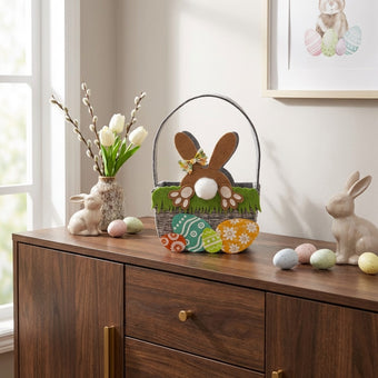 Coșuleț de Paște din pâslă cu iepuraș maro 17cm