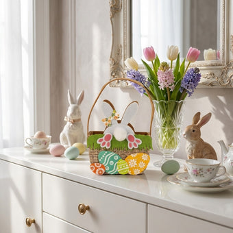 Coșuleț de Paște din pâslă cu iepuraș alb 17cm