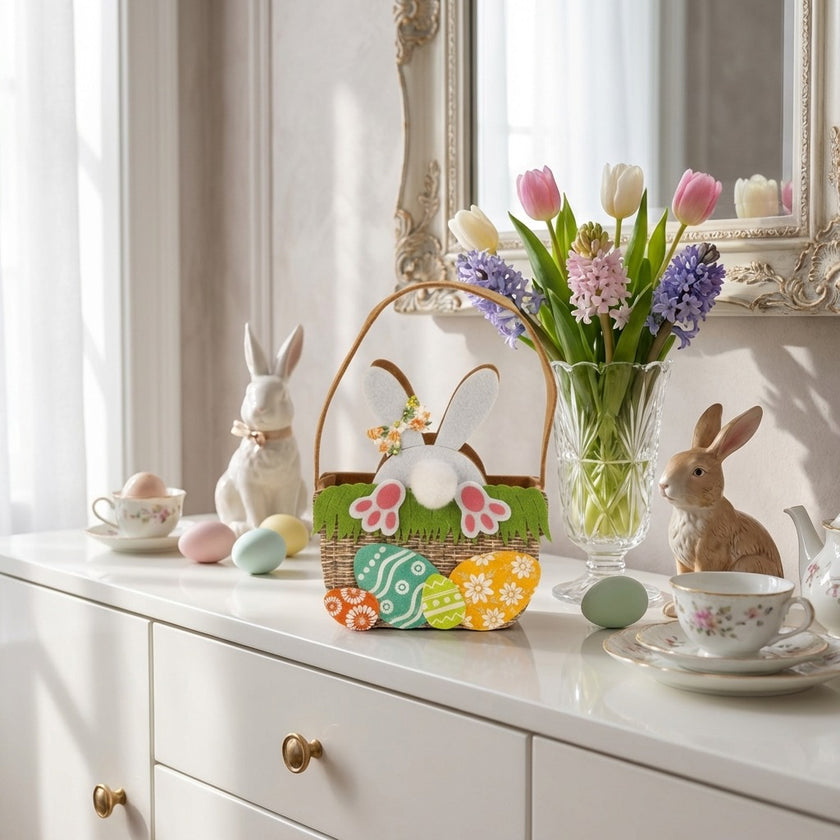 Coșuleț de Paște din pâslă cu iepuraș alb 17cm