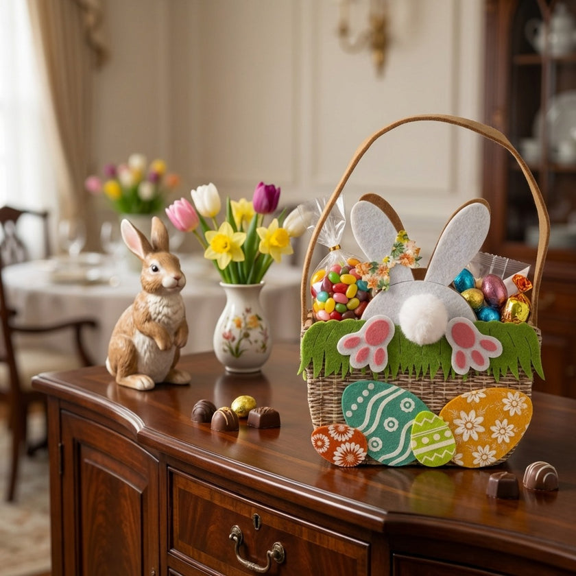 Coșuleț de Paște din pâslă cu iepuraș alb 17cm