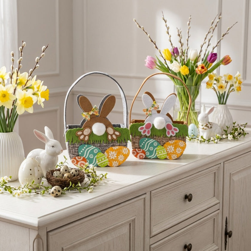 Coșuleț de Paște din pâslă cu iepuraș alb 17cm