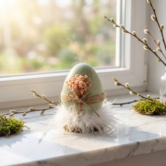 Ou decorativ de Paște verde cu flori și pene